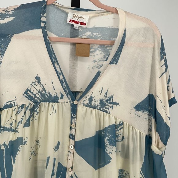 Johnny Was Biya Silk & Knit Popover Blouse Top Womens S Oversize Watercolor Blue - Picture 4 of 8